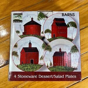 NEW Warren Kimble Red Barns 4 Pc Set of 8.25" Dessert Salad Plates Sakura 1998